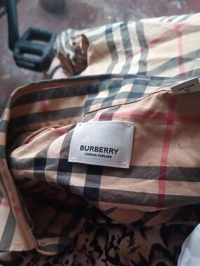 Burberry Men’s Signature Check Tote in Beige and Black with Red Accents
